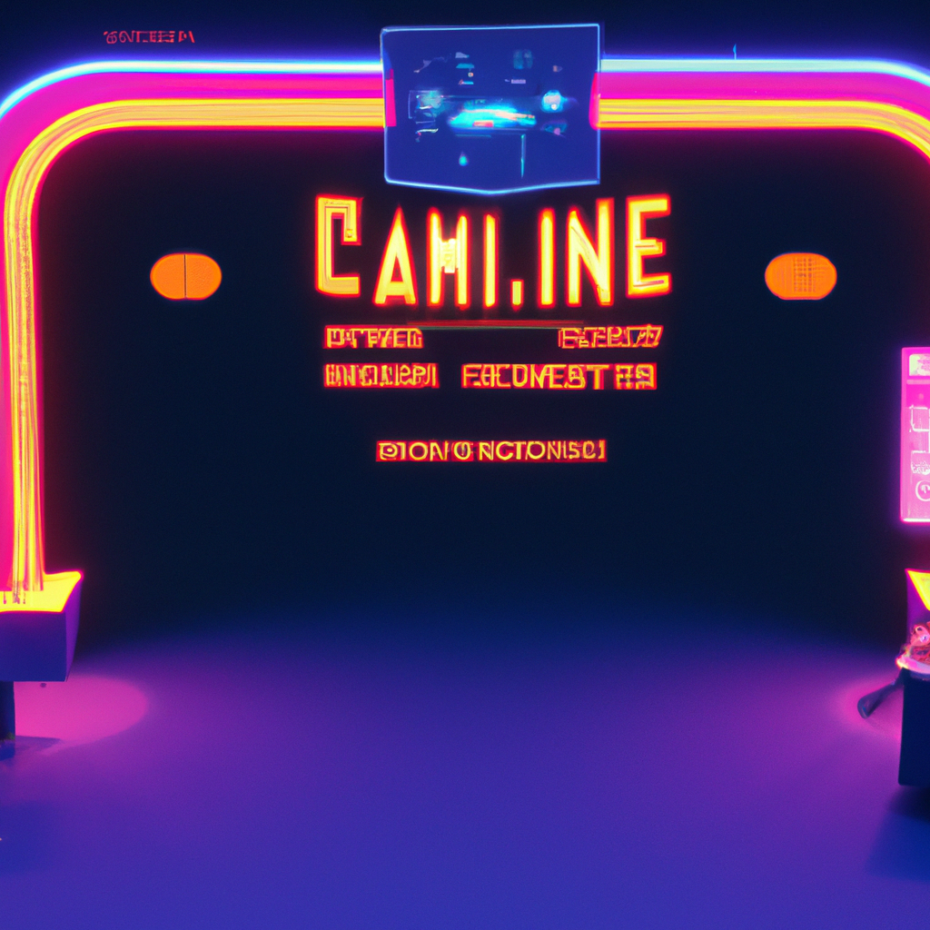 NightArcade neon lobby with a player at an arcade cabinet, cinematic neon