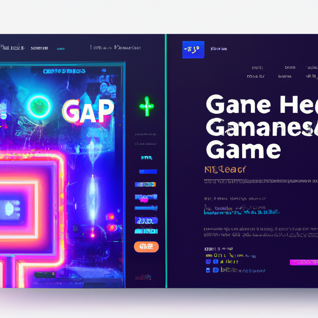 Screenshot: neon corridor with HUD overlays and glowing badges